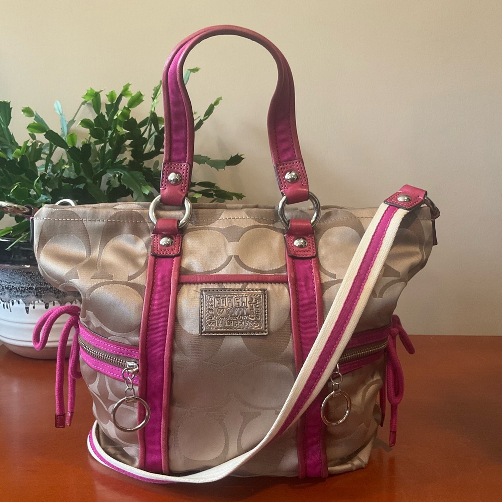 Coach Beige Satin Tote with Pink Trim
